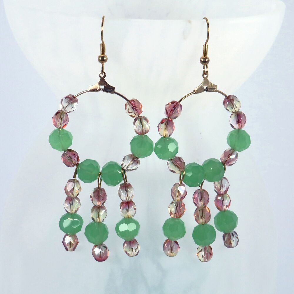 Handmade Dangle Earrings Women Hoops Dangles Green Gold Toned Boho Festival
